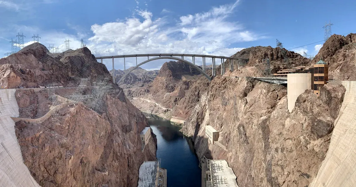 Hoover Dam Bypass Bridge over the Colorado River, seen on a Grand Canyon tour from Las Vegas, Nevada-Arizona border.