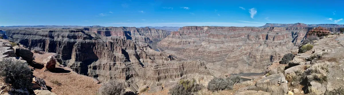 Panoramic canyon view from Guano Point, a stop on a Grand Canyon tour from Las Vegas, Grand Canyon West, Arizona.